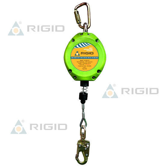 LÍNEA RETRÁCTIL N-9420-33 · LONGITUD: 10 m (33 ft) · CABLE DE ACERO: 4.8 mm (3/16”) · ABSORBEDOR INTERNO · MOSQUETÓN N-252 + GANCHO ACERO 21 mm N-3615 · RIGID