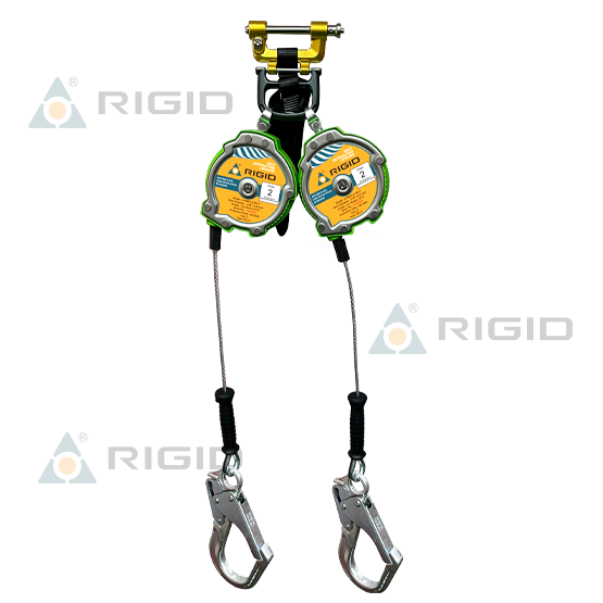 LÍNEA RETRÁCTIL DOBLE (TWIN) N-9457LE-08 · LONGITUD: 2.4 m (8 ft) · CABLE DE ACERO: 4.8 mm (3/16”) · ABSORBEDOR INTERNO · CONECTOR DUAL + GANCHO ALUMINIO 61 mm N-5271T · RIGID