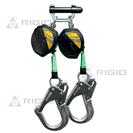 LÍNEA RETRÁCTIL DOBLE (TWIN) N-9358-06 · LONGITUD: 1.8 m (6 ft) · CINTA: 19 mm (3/4”) UHMW-PE · ABSORBEDOR INTERNO · CONECTOR DUAL N-331 + GANCHO ALUMINIO 61 mm N-5271T · RIGID
